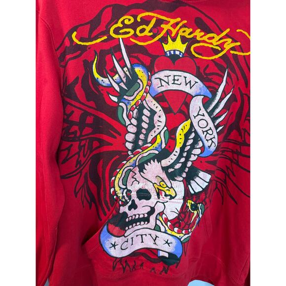 Ed Hardy New York Hoodie Mens Red Eagle Snake Skull Pullover Red Sz L - Picture 5 of 11